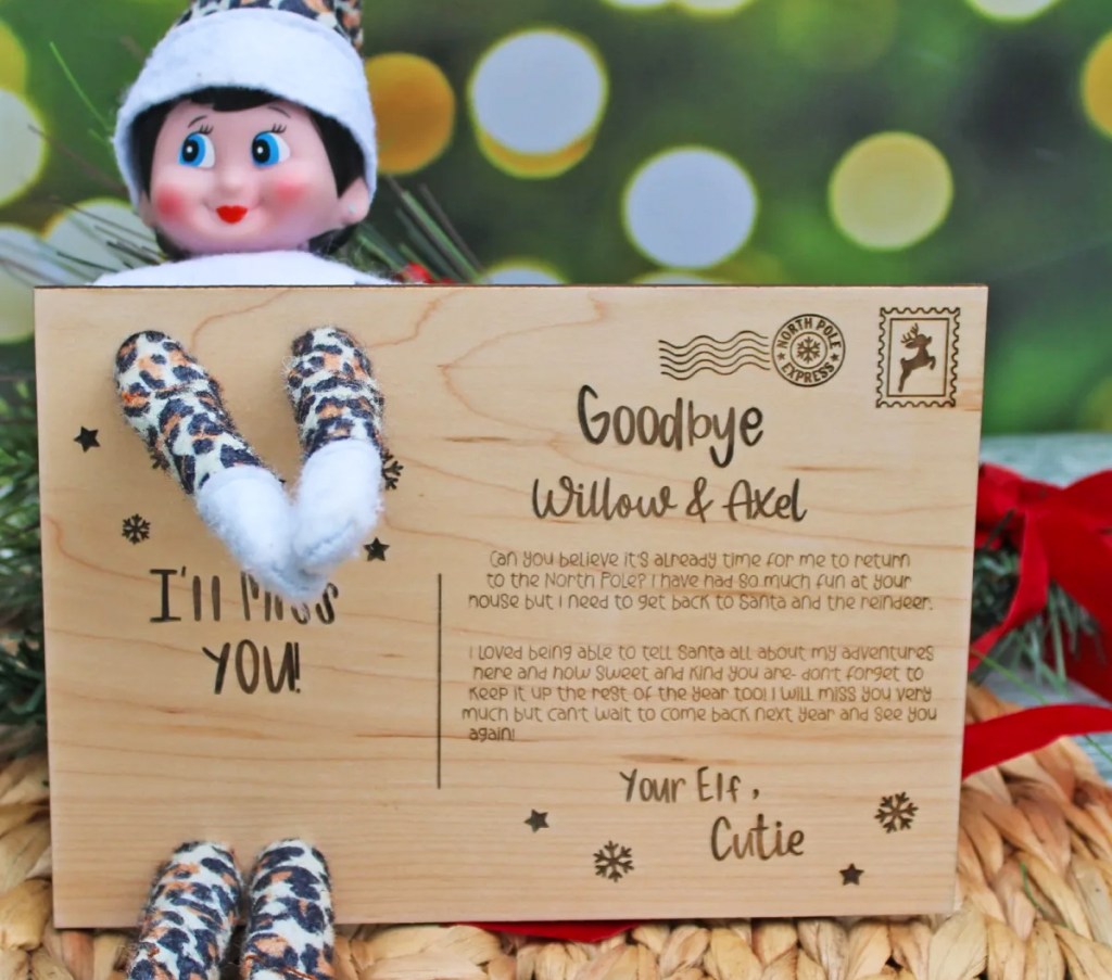 elf with wooden goodbye postcard