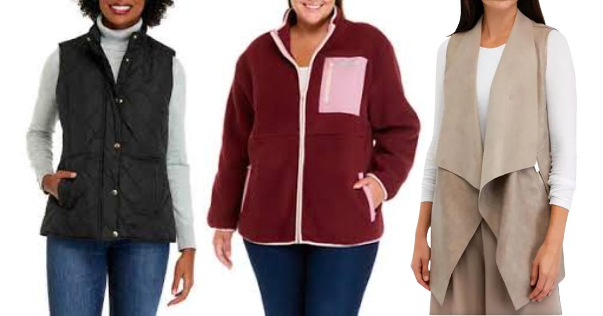 3 models wearing belk womens jackets and vests