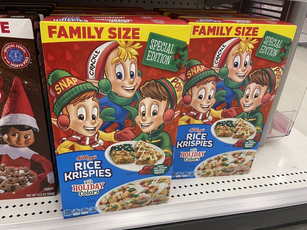 holiday Rice Krispies on shelf