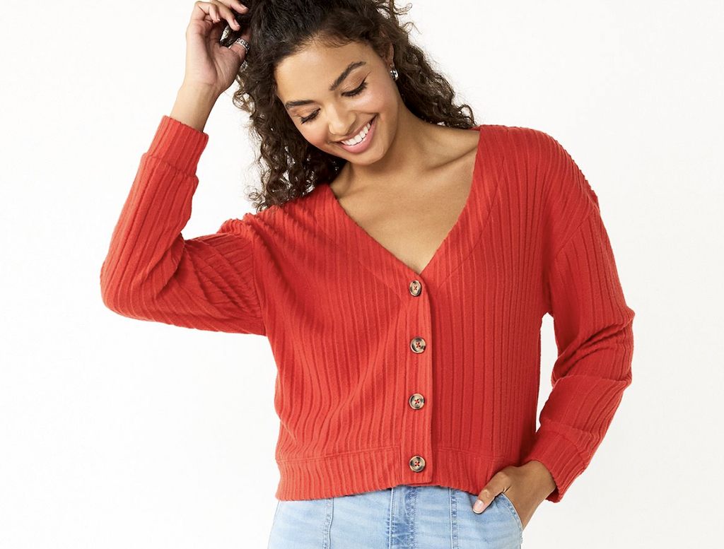 woman wearing red cardigan 