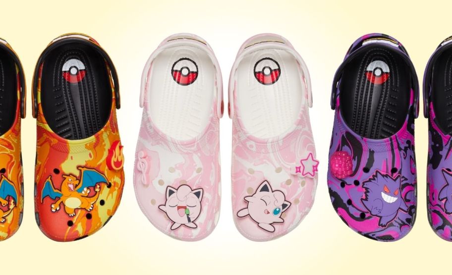 charizard, jigglypuff and gengar character crocs