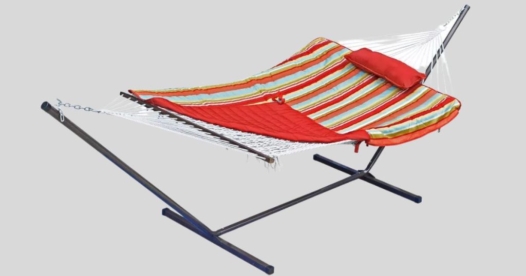 Red, green, yellow, and orange striped hammock