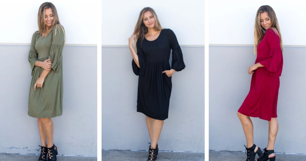 3 women wearing different colors of Bell Sleeve Midi Dress