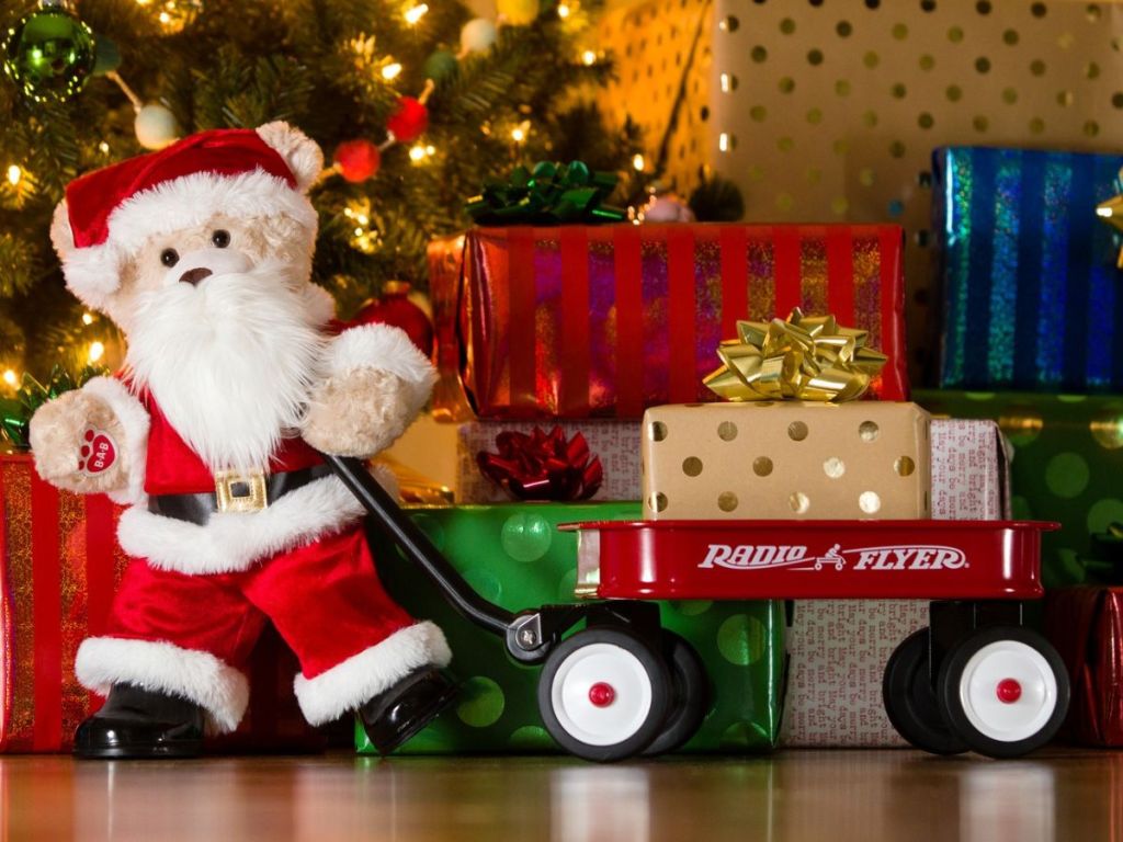 Build a bear Santa bear puling a wagon