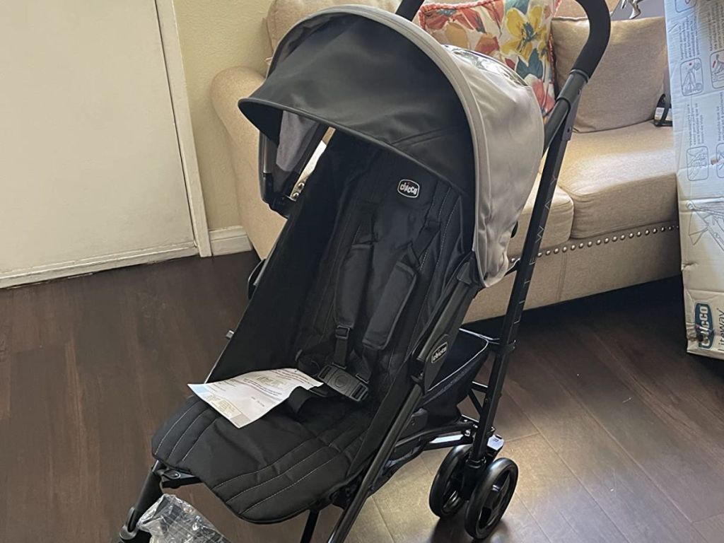 liteway chicco stroller displayed in front of a couch