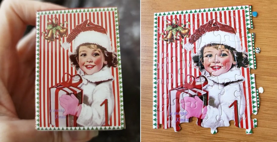 person holding box to puzzle advent calendar and onlinepleted puzzle next to it