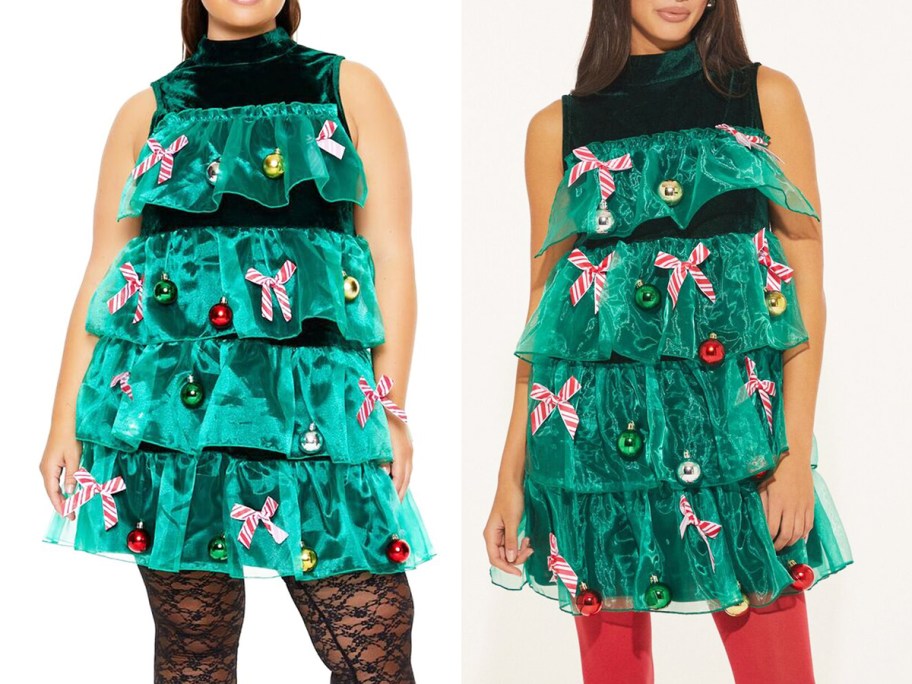 two women in green christmas tree dresses