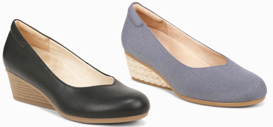 black and blue wedge slip-ons