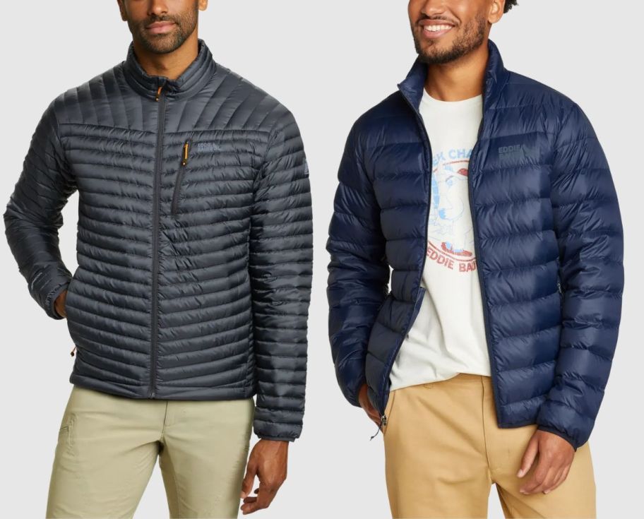 two male models wearing eddie bauer down outerwear