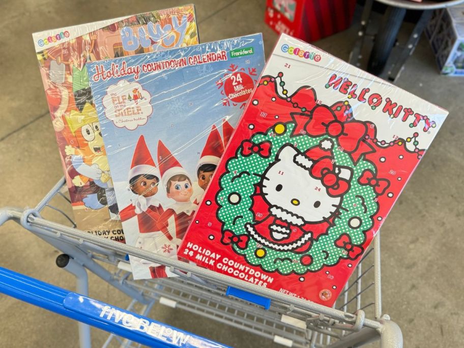 3 Chocolate Countdown Advent Calendars in a Five Below Shopping Cart