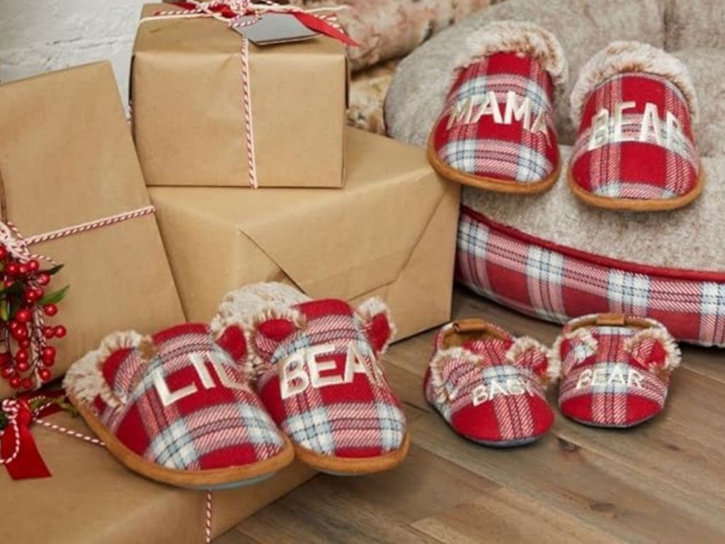 Dearfoams Red Plaid Scuff Family Bear Slippers