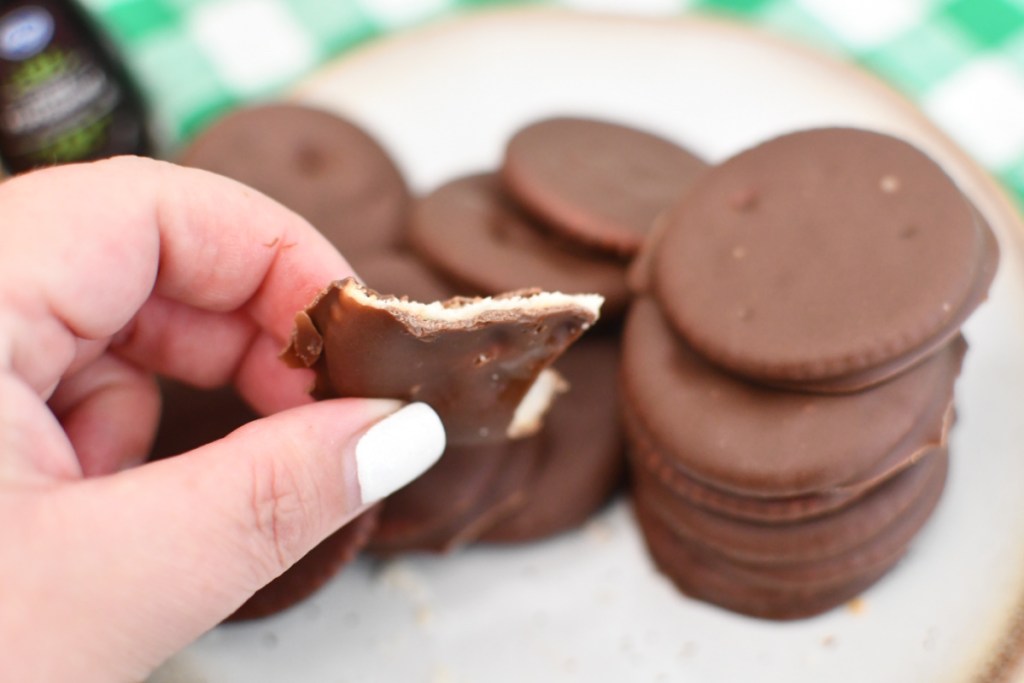 hand holding up a homemade thin mint cookie