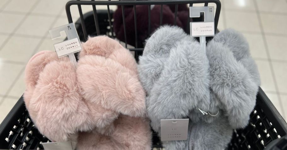 Lauren Conrad Womens Faux Fur Slippers in blush and gray in a kohls cart