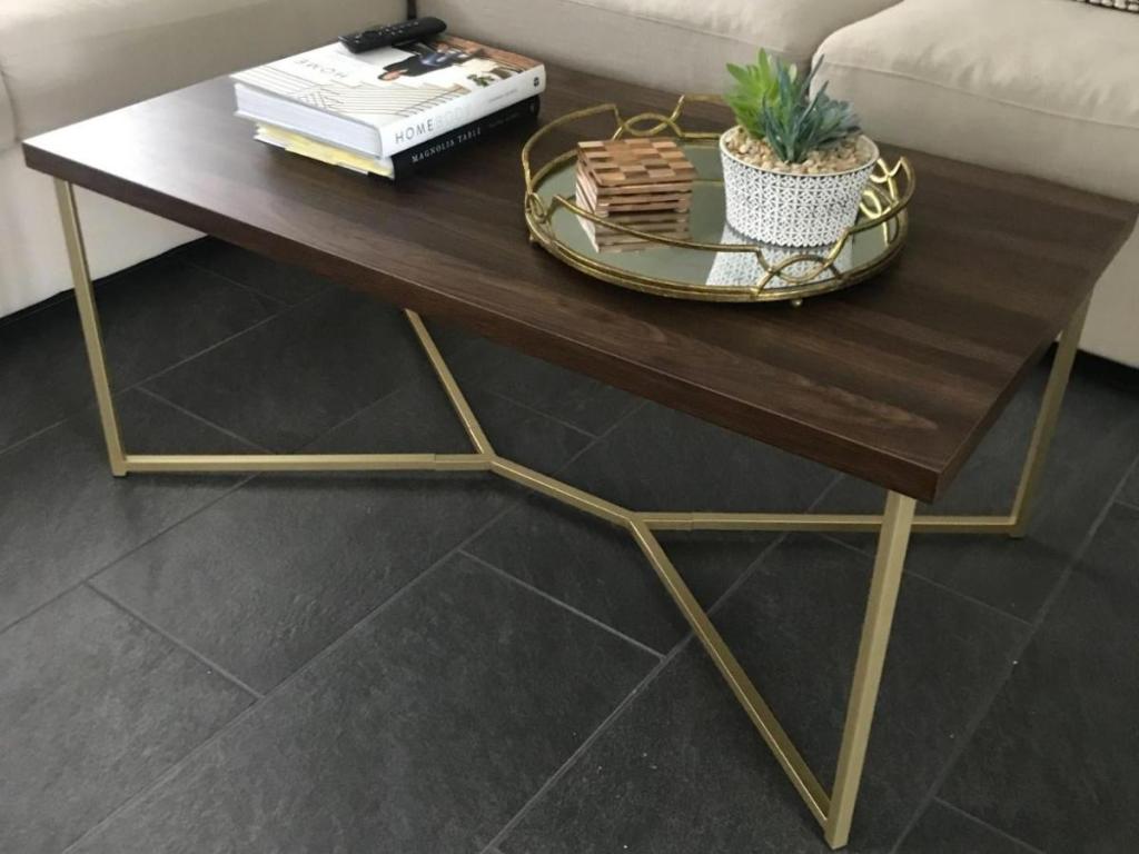 Walker Edison Mid-Century Modern Gold and Wood Rectangular Coffee Table