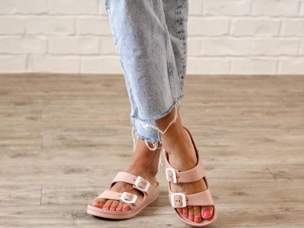 Woman wearing Birkenstock style 2-strap sandals