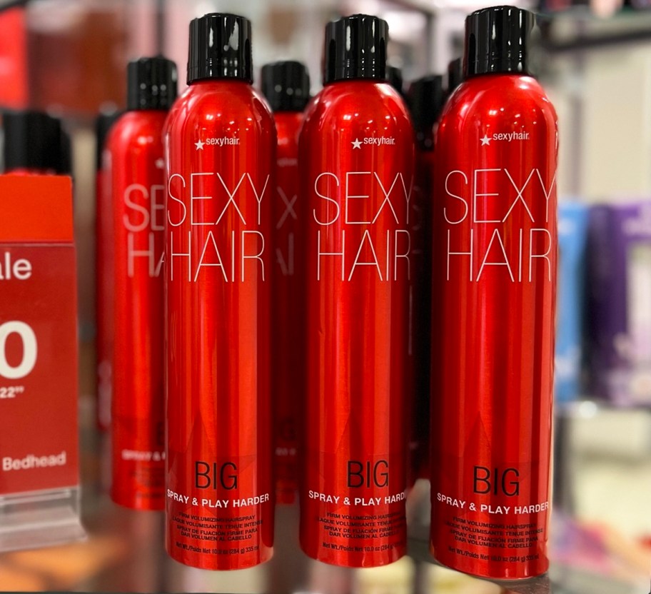 red cans of Sexy Hair Big Spray & Play Strong Hold Hair Spray