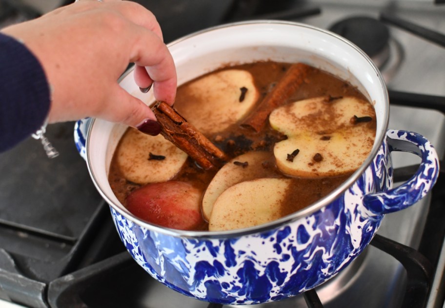 Hand placing cinnamon in a diy stovetop potpourri