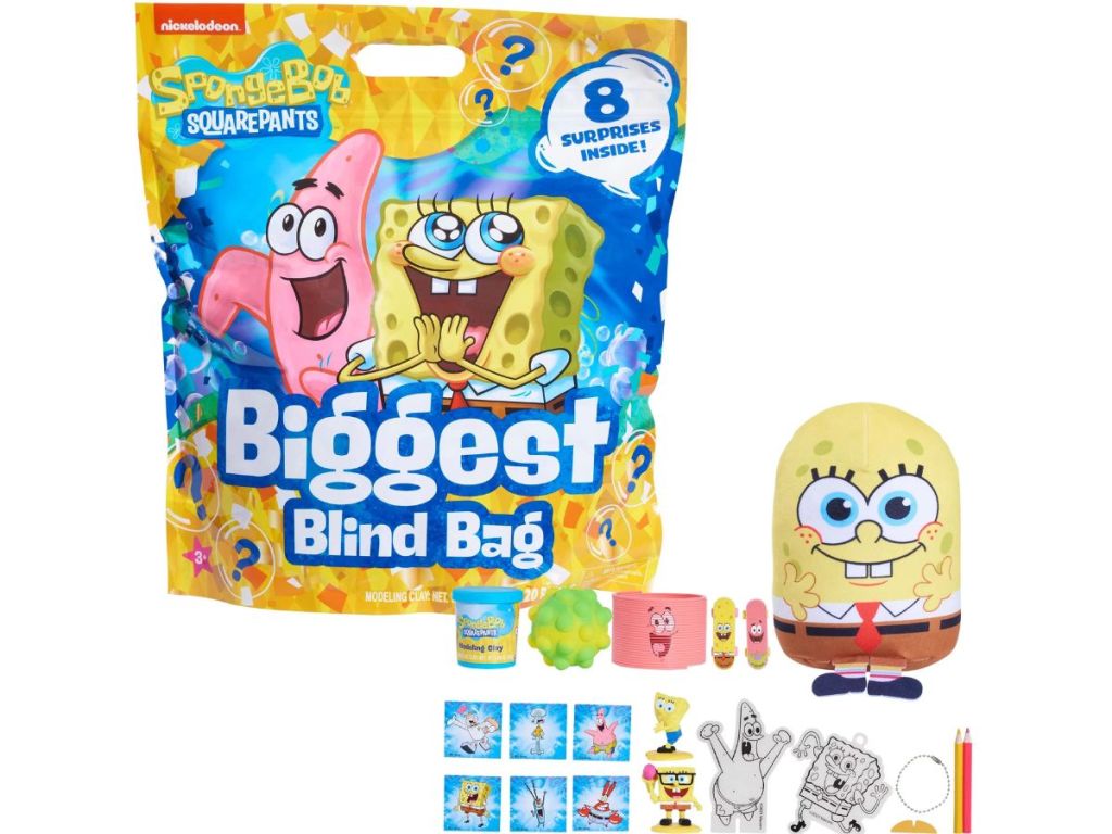 A Spongebon theme The Biggest Blind Bag with the toys laid out next to it