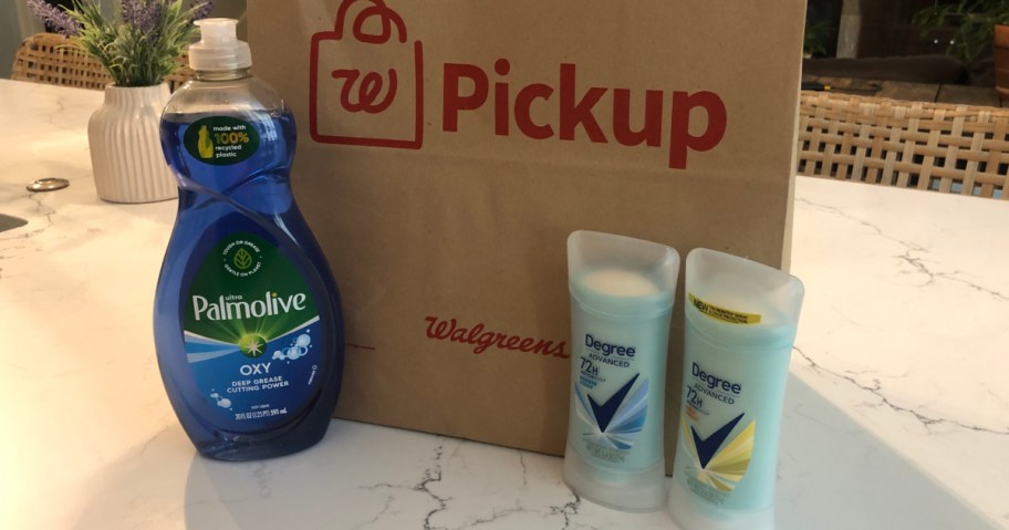 Walgreens Pickup bag with deodorant and dish soap