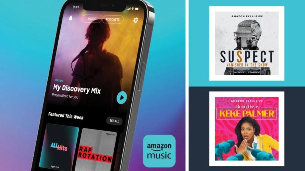 Amazon Music app open on phone next to 2 podcast title cards