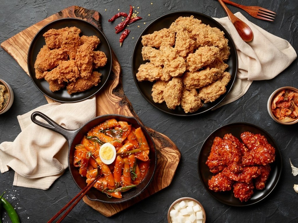 top-down view of Korean barbeque meal in skillets