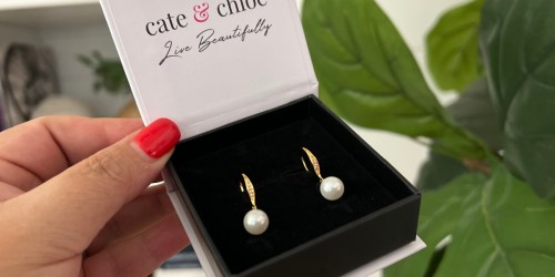 Cate & Chloe 18K Gold Drop Pearl Earrings with Gift Box Only $18 Shipped