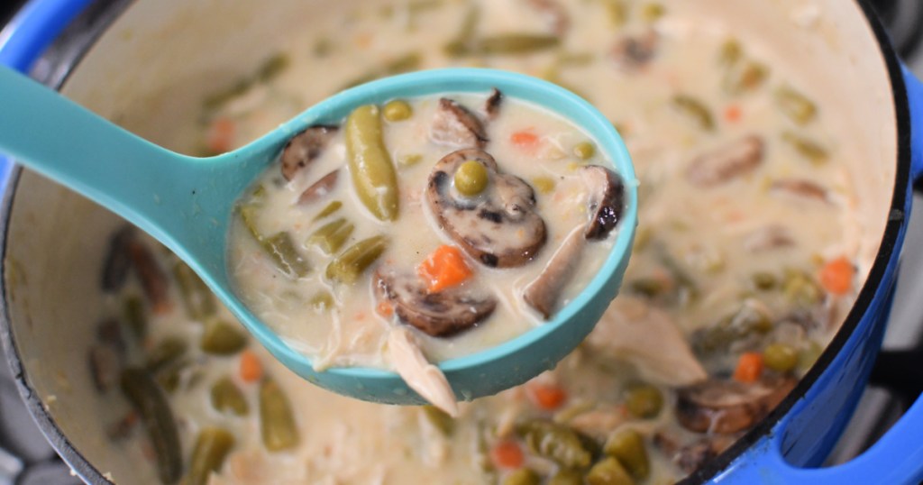 ladle with green bean casserole soup