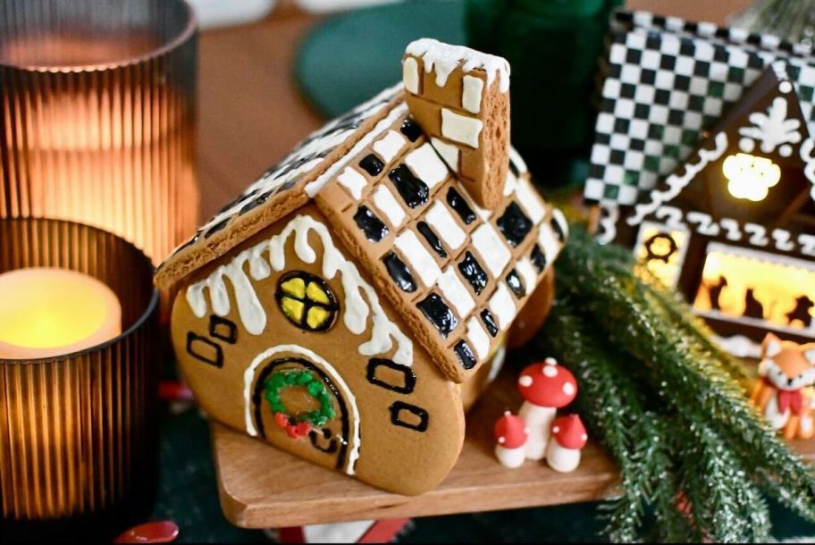 checked black and white roof gingerbread house on table with lights and decor