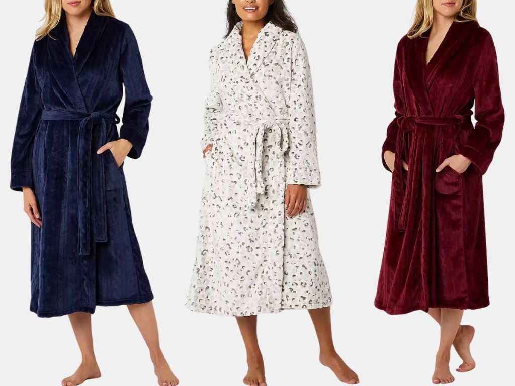 3 women wearing long length, long-sleeve plush robes in different colors