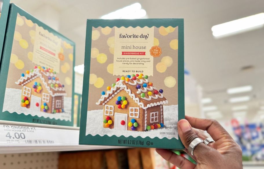 a womans hand holding a sugar cookie house decorating kit