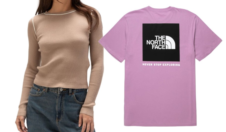 womens tan long sleeve and pink north face shirts