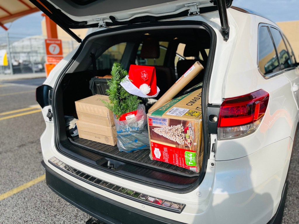 suv trunk full of walmart christmas decorations