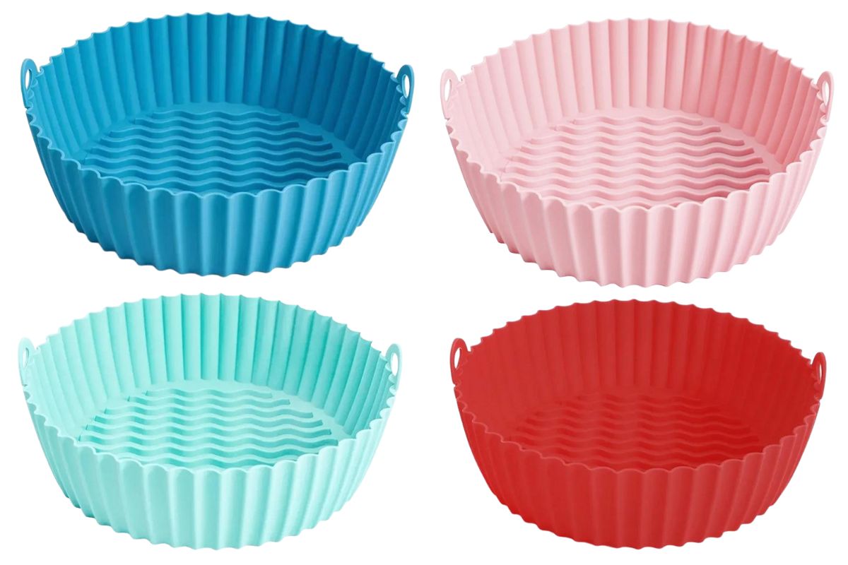 Reusable air fryer trays from Jane.online in red blue mint and pink