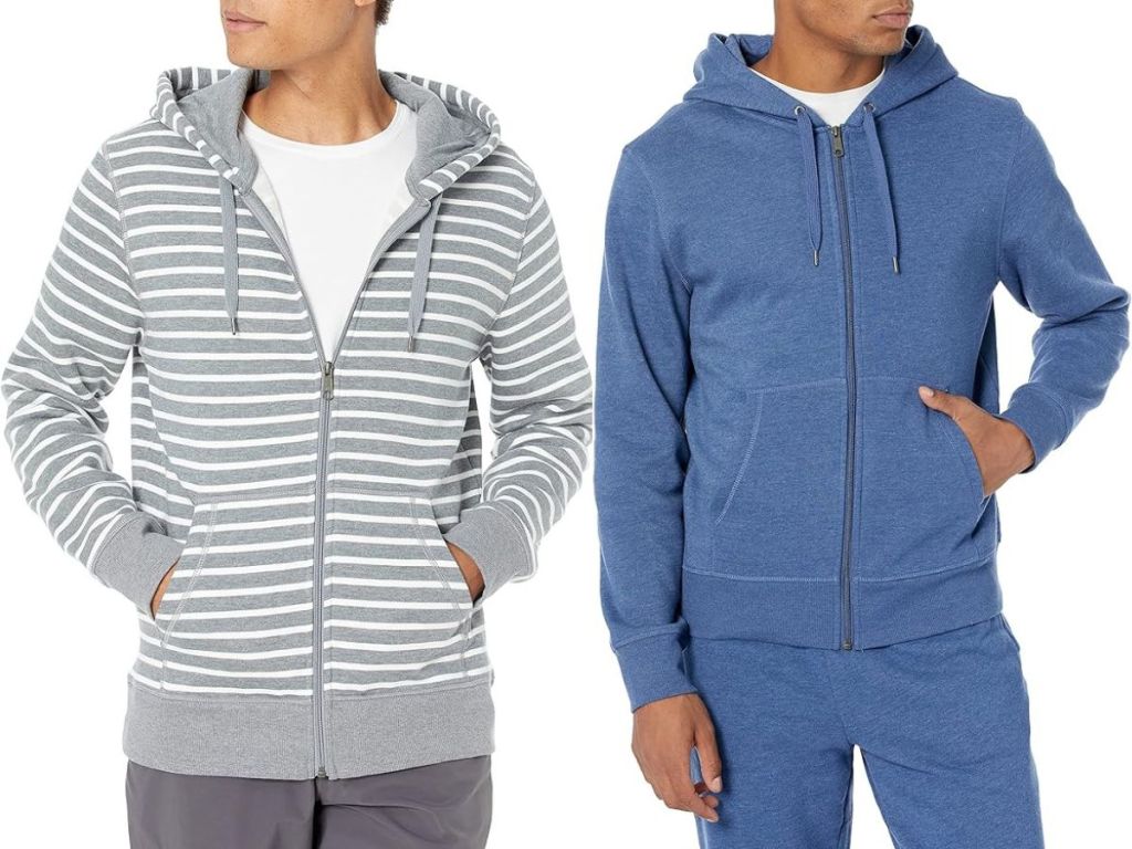 Stock images of 2 men wearing Amazon Essentials Hoodie