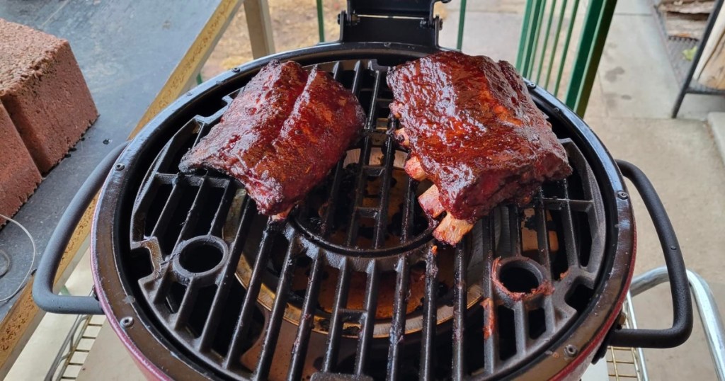 rack of ribs on Char-Griller Akron Jr. Portable Kamado Grill