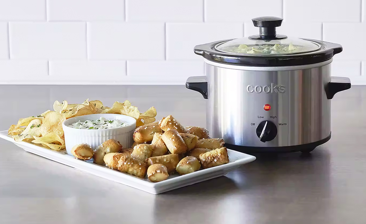 mini slow cooker next to pretzel bites