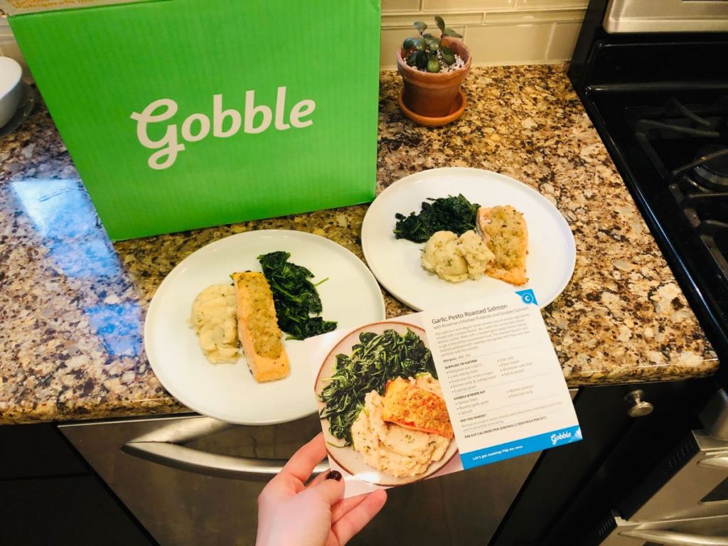 Gobble Box meals, card, and box on the counter