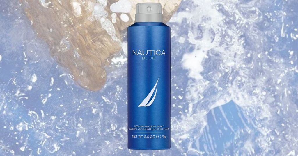 a 6oz bottle of Nautica blue mens spray deodorant on a faded watery background