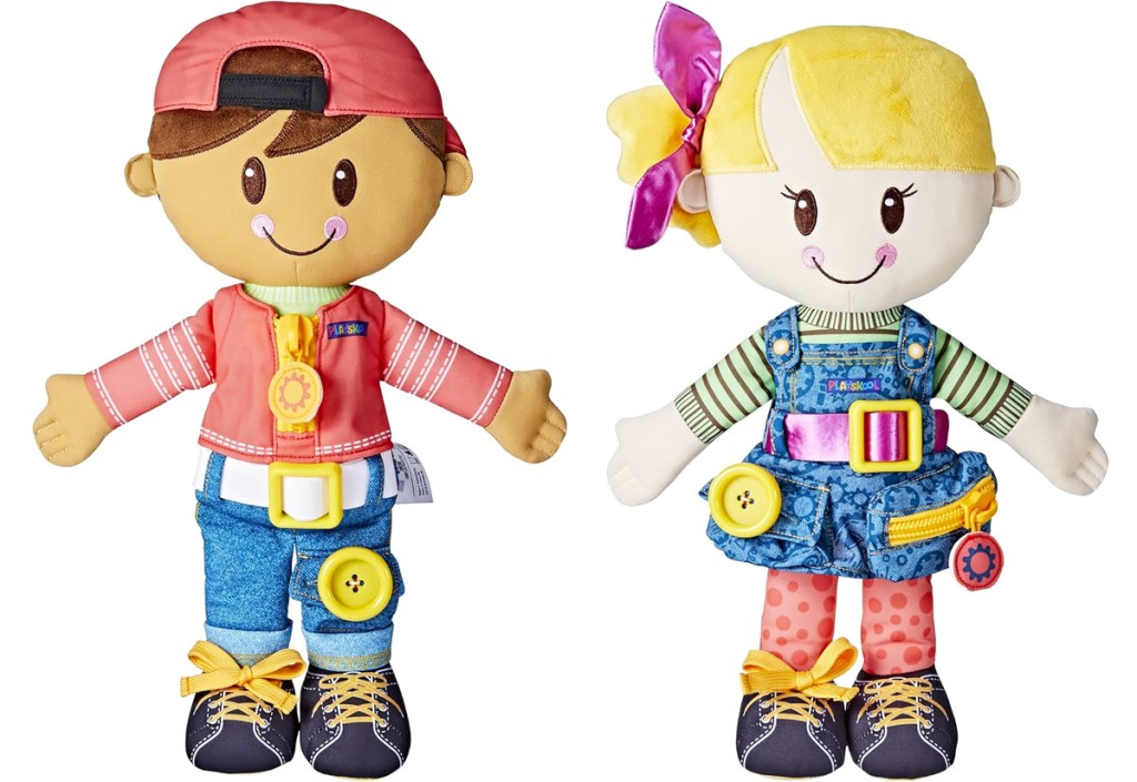 boy and girl plush getting dressed dolls