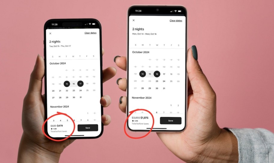 two hands holding phones with circled nightly rate discounts on airbnb app