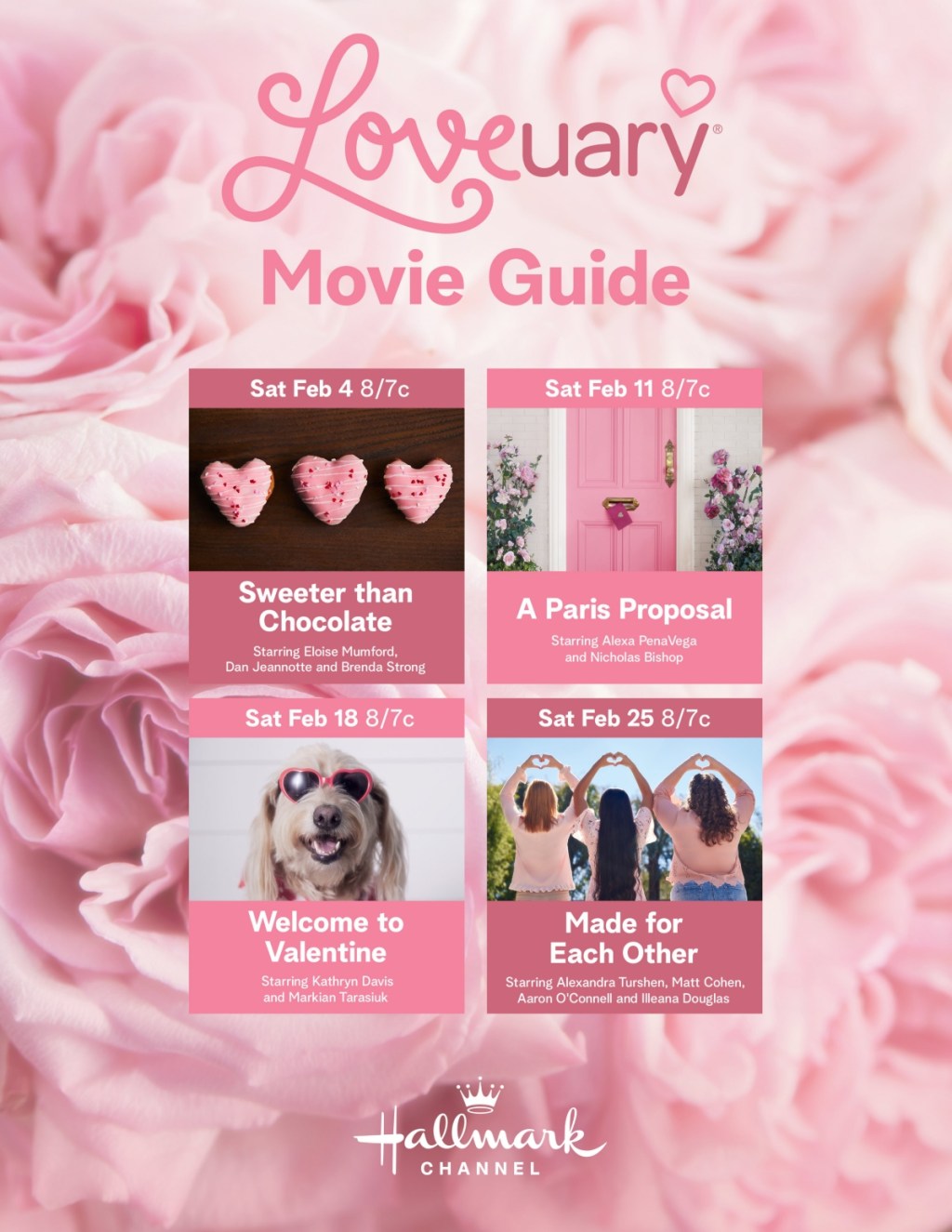 Hallmark's Loveuary movie guide, showing title cards for four different romantic onlineedies