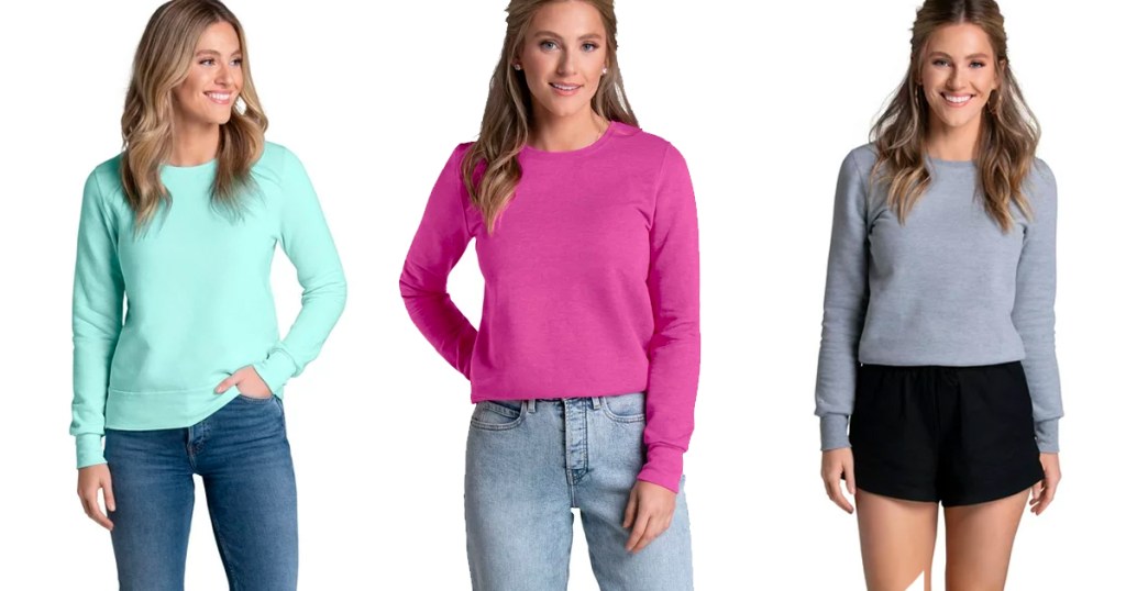 woman wearing blue, pink and gray sweatshirts