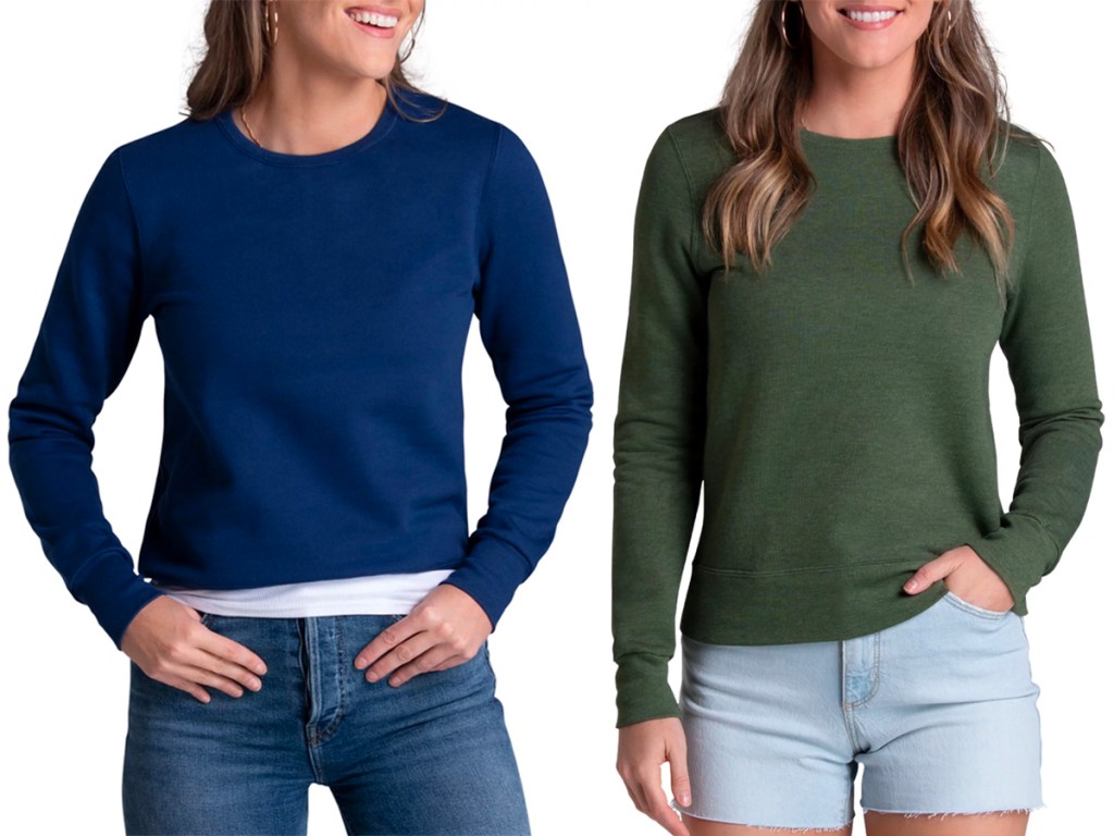 women wearing blue and green sweatshirts