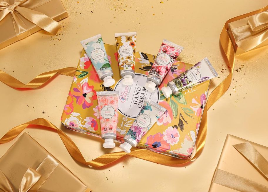 hand cream gift set with gold ribbon and gifts