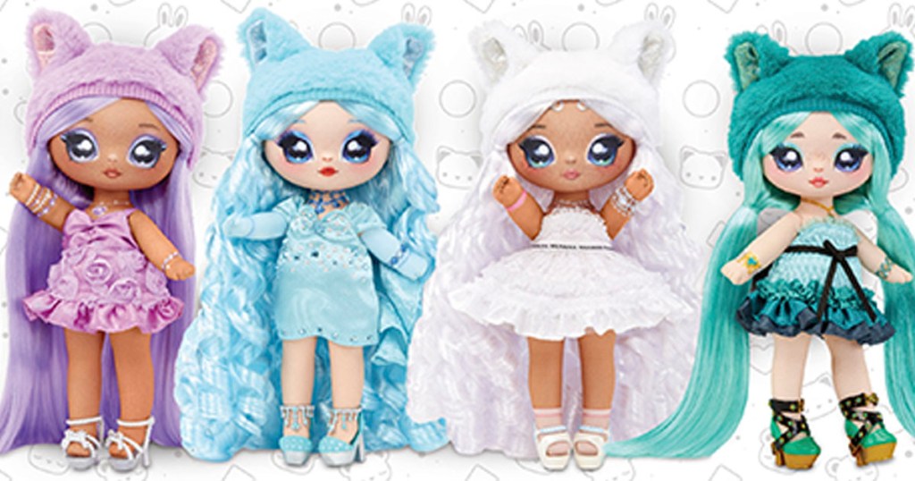 purple, blue, white and teal na na na surprise dolls in a row