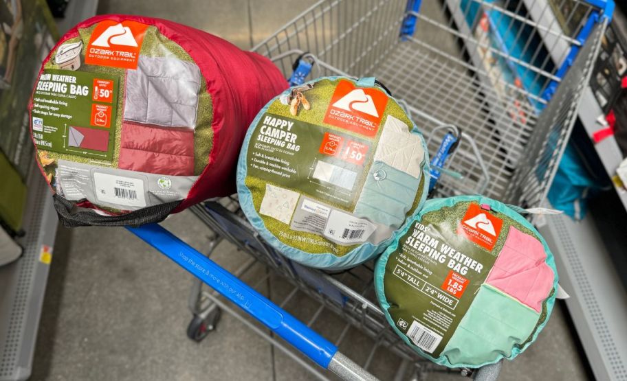 3 ozark trail sleeping bags in a walmart cart