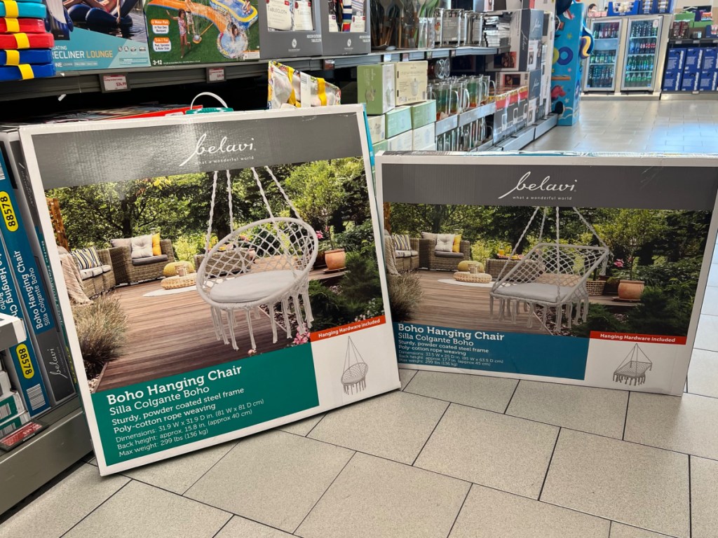 two boho hanging chairs displayed