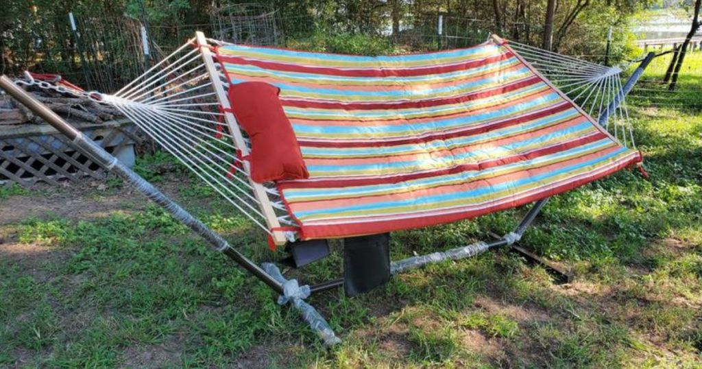 Red, green, yellow, and orange striped hammock