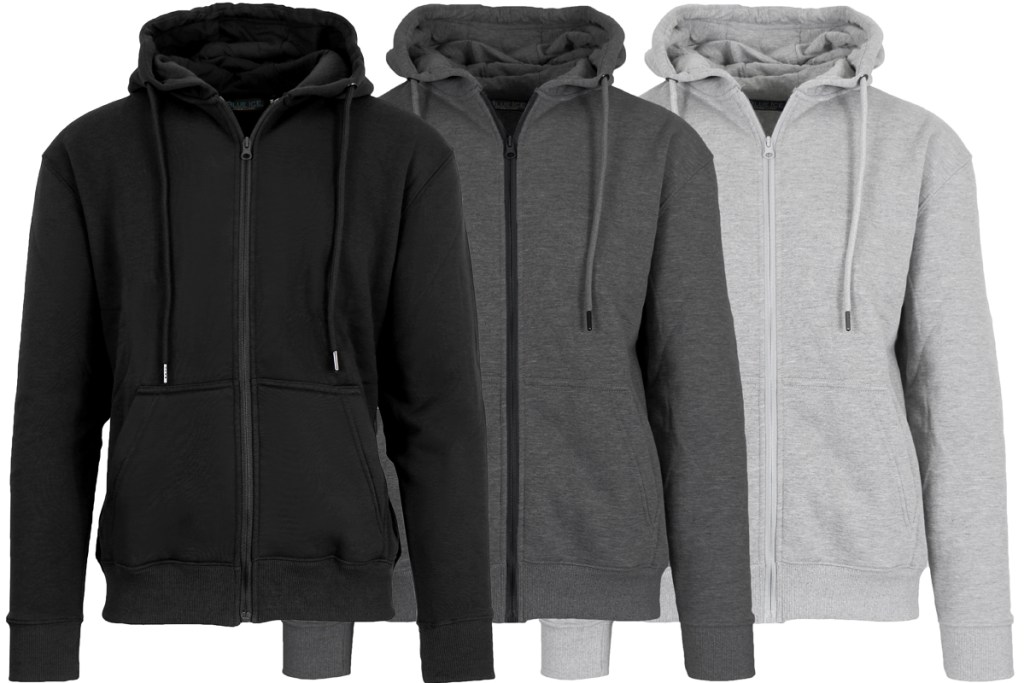 black, dark grey, and light grey hoodies