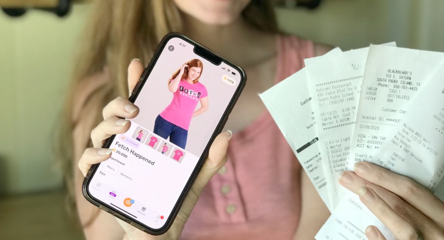 Woman showing the Fetch App on her phone, one of the ways how to save groceries in 2024